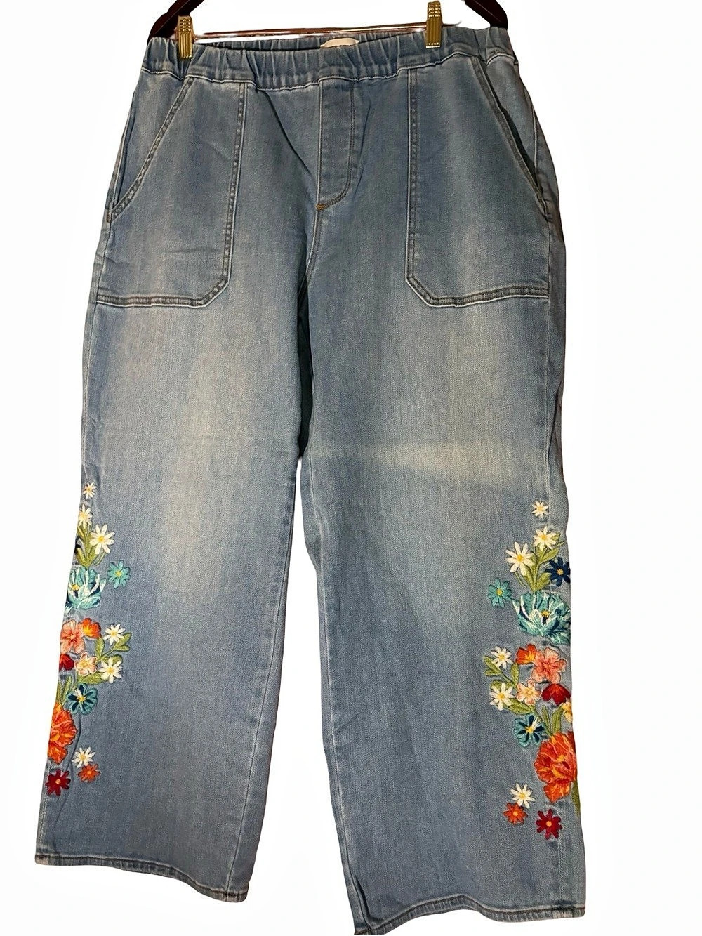DRIFTWOOD Ruby Embroidered Stretch Drawstring Waist. Wide Leg Jeans. Ruby. 1X.